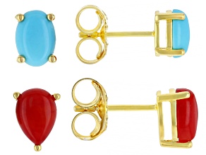 Sleeping Beauty Turquoise, Bamboo Coral 18k Yellow Gold Over Sterling Silver Studs With Box