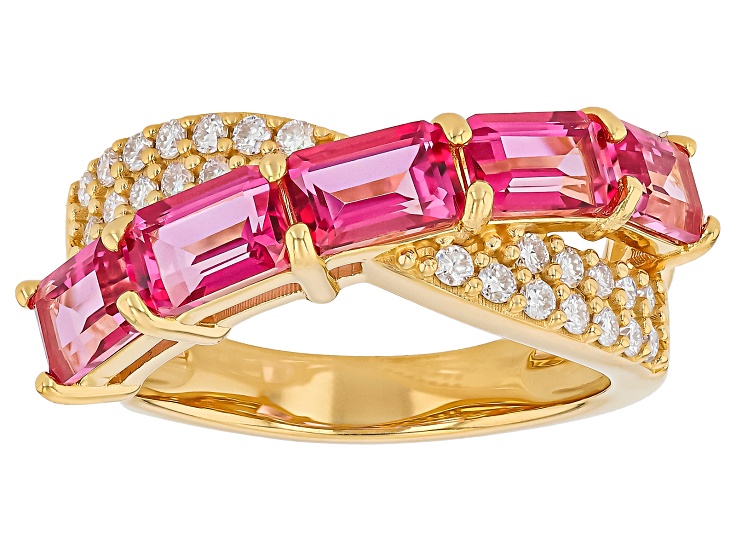 Pink Topaz with White Moissanite 18K Yellow Gold Over Sterling Silver Ring 3.20ctw
