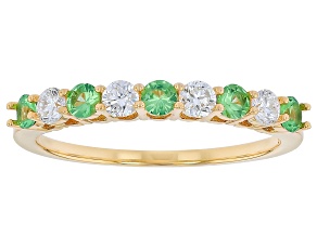 Green Tsavorite with White Lab Grown Diamond 18k Yellow Gold Over Silver Band Ring 0.53ctw