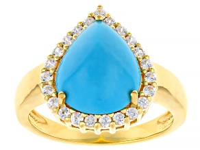 Sleeping Beauty Turquoise With White Zircon 18k Yellow Gold Over Sterling Silver Ring 0.41ctw