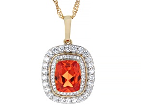 Lab Sunset Sapphire 18k Yellow Gold Over Sterling Silver Double Halo Pendant With Chain 4.11ctw