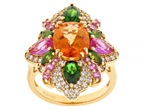 Mandarin Orange Topaz with Multi Gemstone 18K Yellow Gold Over Sterling Silver Ring 5.87ctw
