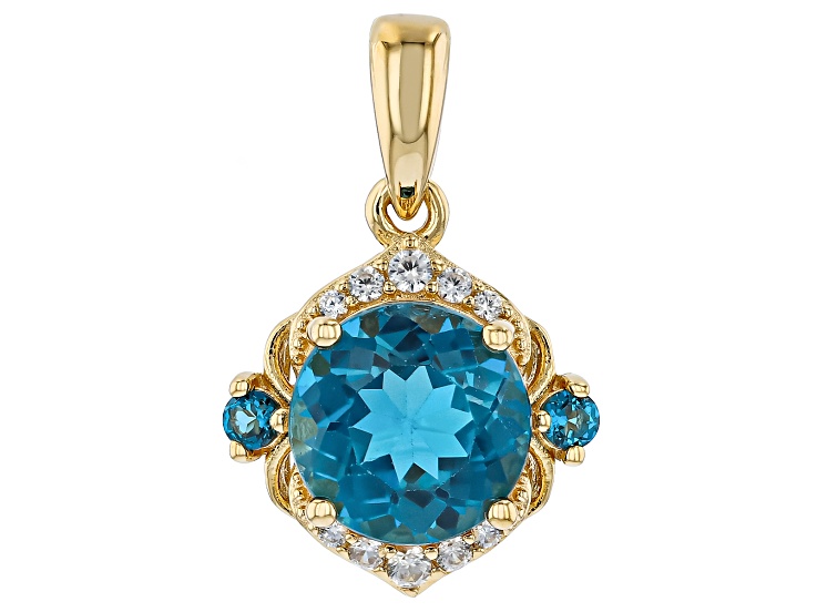 London Blue Topaz With White Zircon 18K Yellow Gold Over Sterling Silver Pendant 2.12ctw