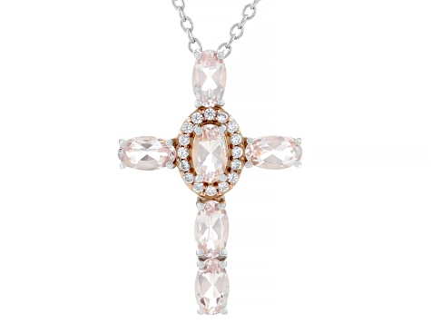 Peach Morganite, Zircon Two Tone Rhodium, 14k Rose Gold Over Sterling Silver Pendant W/Chain 1.12ctw