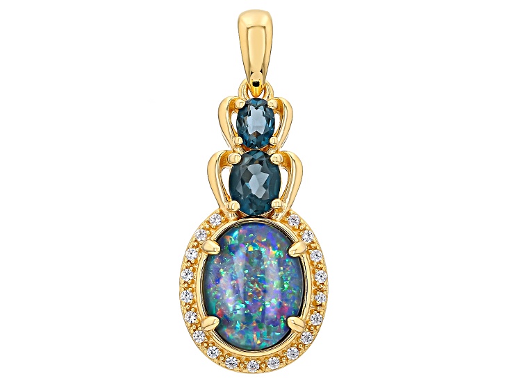 Multi Color Australian Opal Triplet Topaz 18K Yellow Gold Over Silver Pendant 0.60ctw
