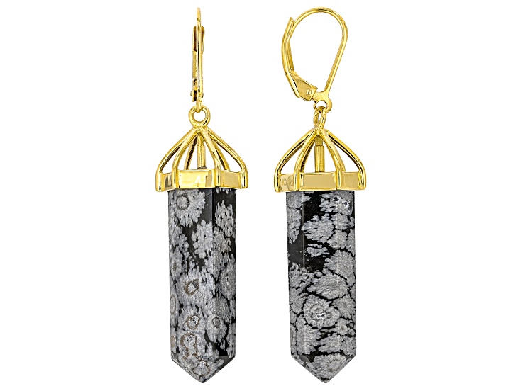 30x9mm Snowflake Obsidian 18K Yellow Gold Over Sterling Silver Earrings