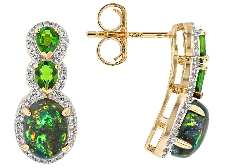 Black Ethiopian Opal With Green Chrome Diopside 18K Yellow Gold Over Silver Earrings 2.04ctw