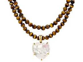 6mm Brown Tiger's Eye 18K Yellow Gold Over Silver Beaded Necklace With Enhancer