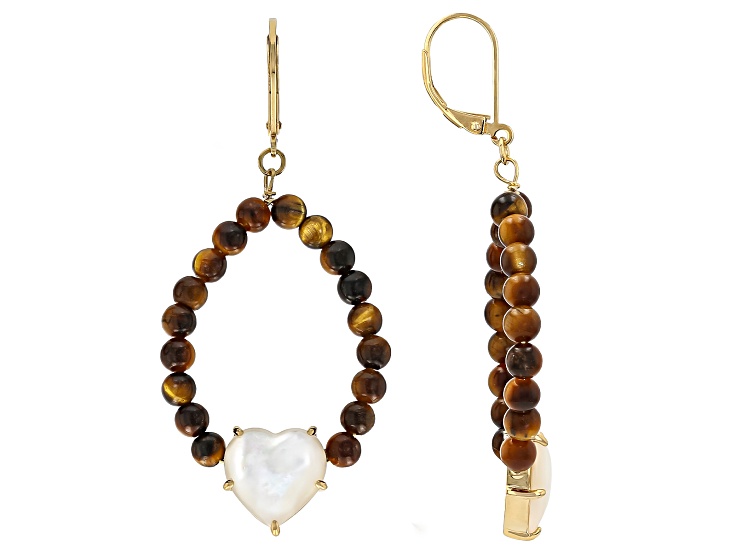 4mm Brown Tiger's Eye With White Mother-of-Pearl 18K Yellow Gold Over Silver Dangle Earrings