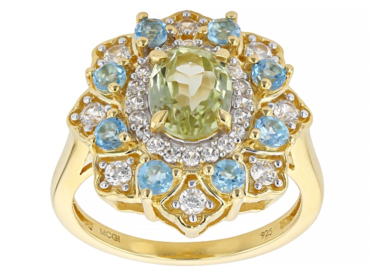 Green Sillimanite with White Zircon 18K Yellow Gold over Sterling Silver Ring 2.41ctw