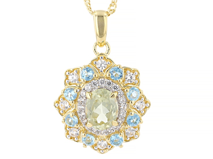 Green Sillimanite With White Zircon & Swiss Blue Topaz 18K Yellow Gold Over Silver Pendant 2.41ctw