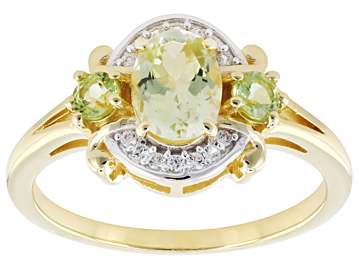 Green Sillimanite with Green Peridot and White Zircon 18K Yellow Gold Over Silver Ring 1.05ctw