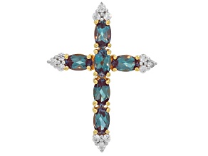 Blue Lab Created Alexandrite 18K Yellow Gold Over Sterling Silver Cross Pendant 1.53ctw