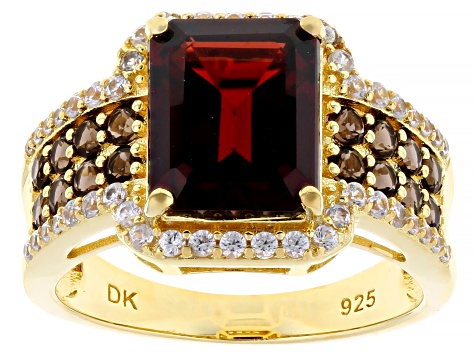 Red Garnet With Smoky Quartz And White Zircon 18k Yellow Gold Over Sterling Silver Ring