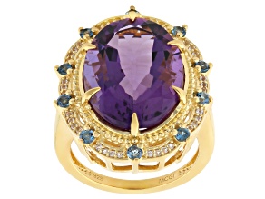 Purple Canela Amethyst with Topaz and 18K Yellow Gold Over Silver Ring 10.67ctw