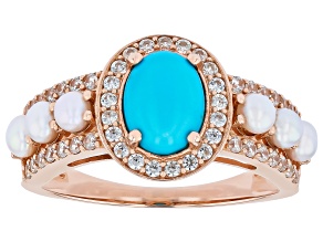 Sleeping Beauty Turquoise With Cultured Freshwater Pearl & Zircon 18K Rose Gold Over Silver Ring
