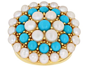 Sleeping Beauty Turquoise With Cultured Seed Pearl 18k Yellow Gold Over Sterling Silver Ring