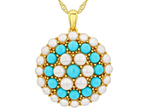 Sleeping Beauty Turquoise With Cultured Seed Pearl 18k Yellow Gold Over Silver Pendant With Chain
