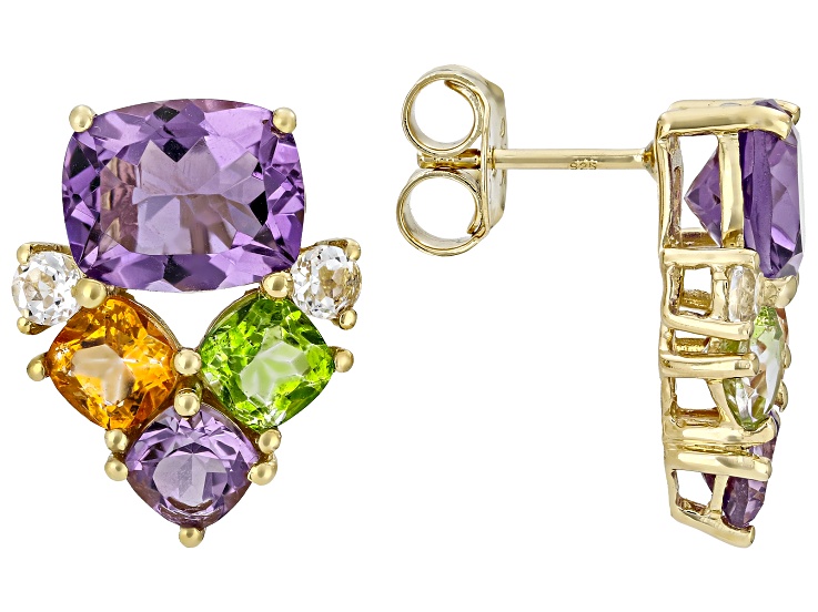 Canela Amethyst With Pink Amethyst & Multi Color Topaz 18k Yellow Gold Over Silver Earrings 9.25ctw