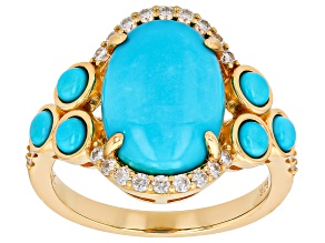 Blue Sleeping Beauty Turquoise with Moissanite 18K Yellow Gold Over Sterling Silver Ring 0.26ctw