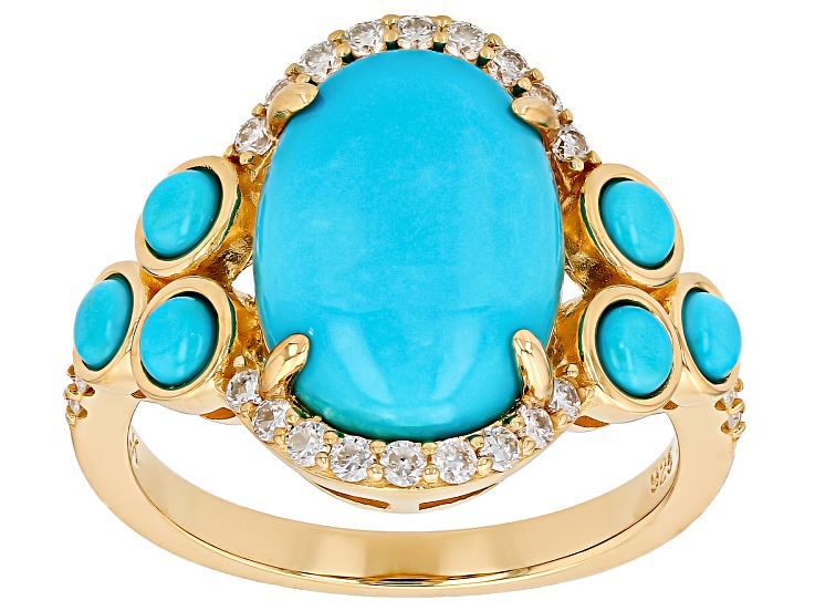 Blue Sleeping Beauty Turquoise with Moissanite 18K Yellow Gold Over Sterling Silver Ring 0.26ctw