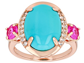 Sleeping Beauty Turquoise With Pink Lab Sapphire & White Topaz 18k Rose Gold Over Silver Ring