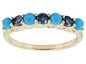 Blue Sleeping Beauty Turquoise with Moissanite 18K Yellow Gold Over Sterling Silver Ring 0.28Ctw