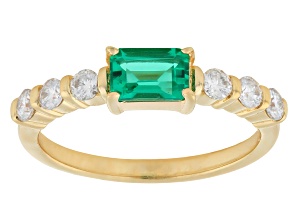 Green Lab Created Emerald With Moissanite 18k Yellow Gold Over Silver Ring 0.56ctw