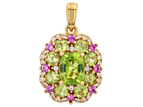 Green Peridot With Pink & White Lab Created Sapphire 18K Yellow Gold Over Silver Pendant 2.70ctw