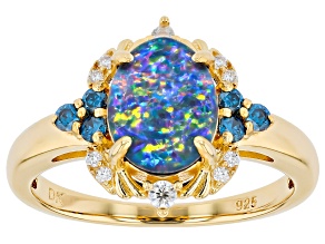 Blue Australian Opal Triplet with Blue & White Moissanite 18K Gold Over Sterling Silver Ring 0.20ctw