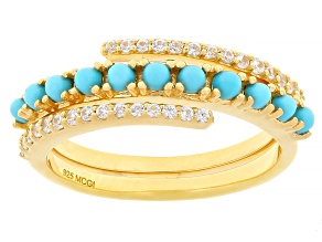 Blue Sleeping Beauty Turquoise With White Zircon 18k Yellow Gold Over Sterling Silver Ring 0.25ctw