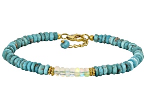 White Ethiopian Opal with Blue Kingman Turquoise 18K Yellow Gold Over Silver Beaded Bracelet