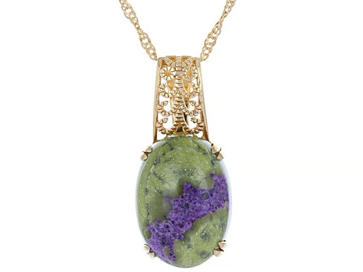 Green Stichtite in Serpentine 18K Yellow Gold Over Sterling Silver Pendant with Chain