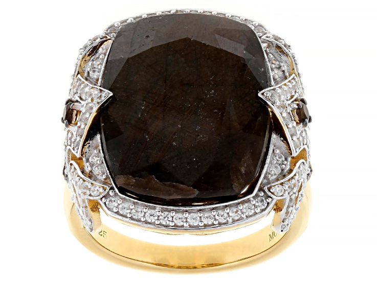Golden Sheen Sapphire With Smoky Quartz & White Zircon 18k Yellow Gold Over Sterling Silver Ring