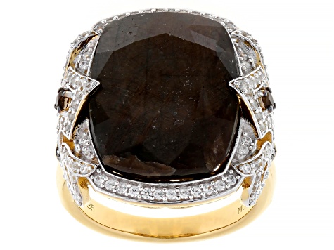 Golden Sheen Sapphire With Smoky Quartz & White Zircon 18k Yellow Gold Over Sterling Silver Ring