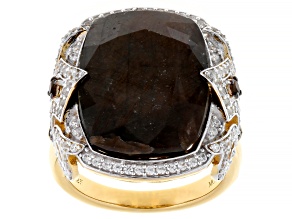 Golden Sheen Sapphire With Smoky Quartz & White Zircon 18k Yellow Gold Over Sterling Silver Ring