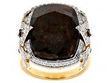 Golden Sheen Sapphire With Smoky Quartz & White Zircon 18k Yellow Gold Over Sterling Silver Ring