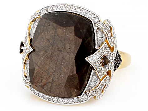 Golden Sheen Sapphire With Smoky Quartz & White Zircon 18k Yellow Gold Over Sterling Silver Ring