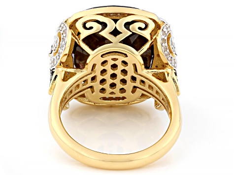 Golden Sheen Sapphire With Smoky Quartz & White Zircon 18k Yellow Gold Over Sterling Silver Ring