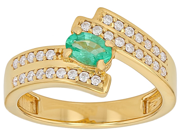 Green Zambian Emerald with White Moissanite 18K Yellow Gold Over Sterling Silver Ring 0.54ctw