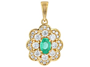 Green Zambian Emerald with White Moissanite 18K Yellow Gold Over Sterling Silver Pendant 0.82ctw