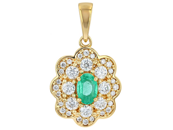 Green Zambian Emerald with White Moissanite 18K Yellow Gold Over Sterling Silver Pendant 0.82ctw