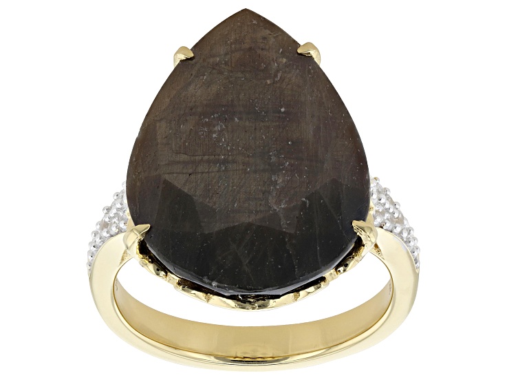 Golden Sheen Sapphire And White Zircon 18k Yellow Gold Over Sterling Silver Ring 14.58ctw