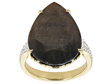 Golden Sheen Sapphire And White Zircon 18k Yellow Gold Over Sterling Silver Ring 14.58ctw