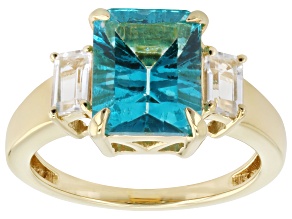 Blue Paraiba Color Topaz With White Topaz 18K Yellow Gold Over Sterling Silver 3 Stone Ring 4.17ctw