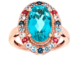 Blue Paraiba Color Topaz With Multi Topaz 18K Rose Gold Over Sterling Silver Halo Ring 5.62ctw