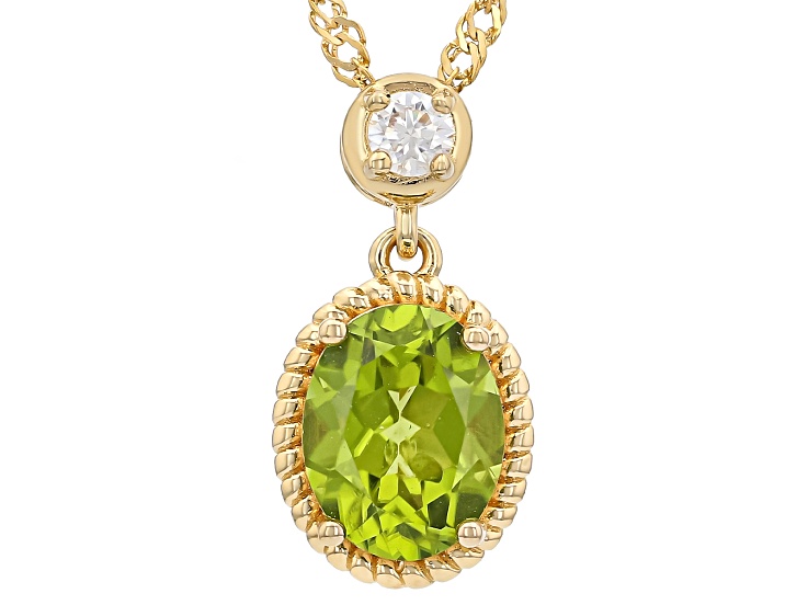 Green Peridot with White Moissanite 18K Yellow Gold Over Sterling Silver Pendant with Chain 1.65ctw