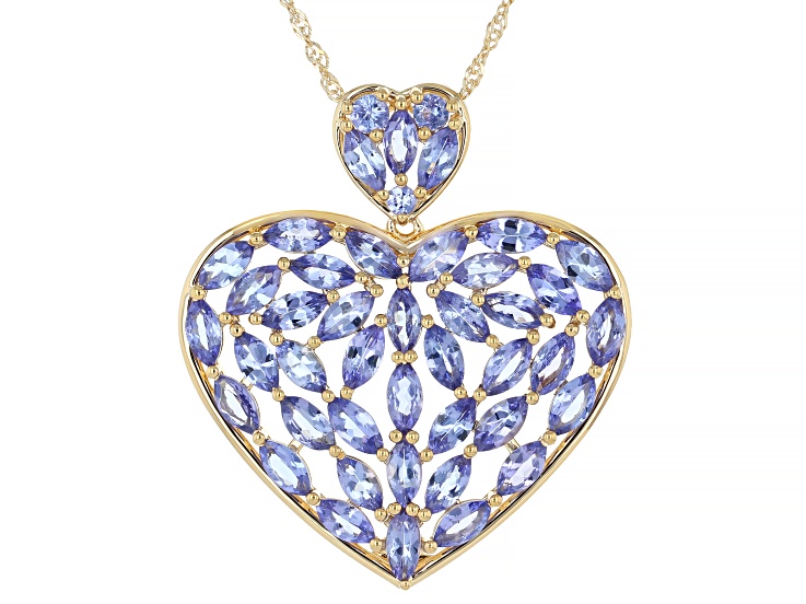 Blue Tanzanite 18K Yellow Gold Over Sterling Silver Heart Cluster Pendant With Chain 8.26ctw
