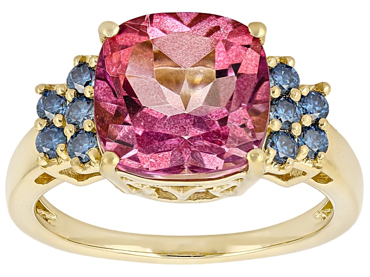 Pink Topaz with Blue Moissanite 18K Yellow Gold Over Sterling Silver Ring 4.37ctw