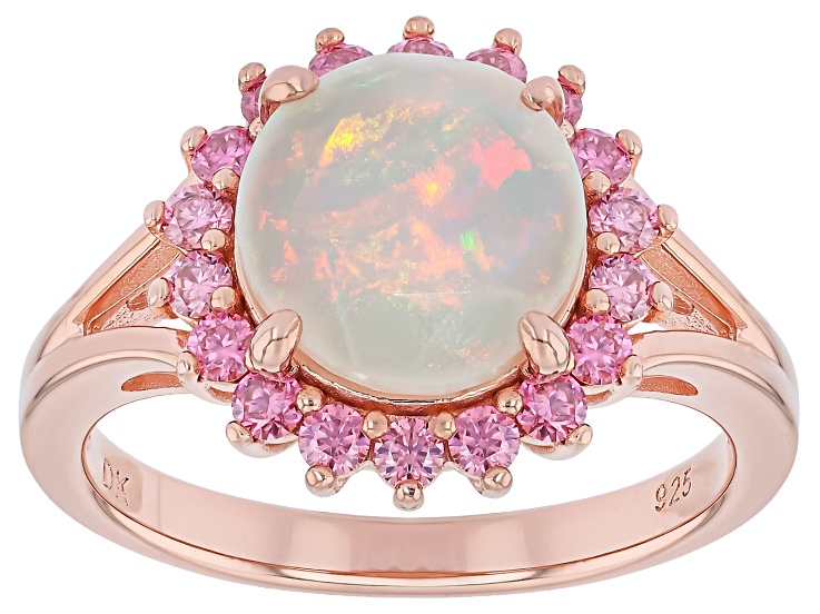 Multi Color Opal With Pink Moissanite 18K Rose Gold Over Sterling Silver Halo Ring 1.70ctw